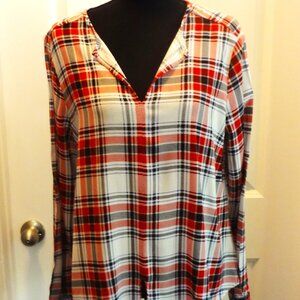 Karen Kane Red, Black & White Plaid V-Neck Blouse
